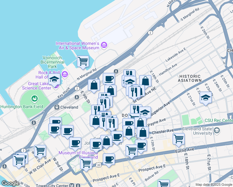 map of restaurants, bars, coffee shops, grocery stores, and more near 1300 Lakeside Avenue East in Cleveland
