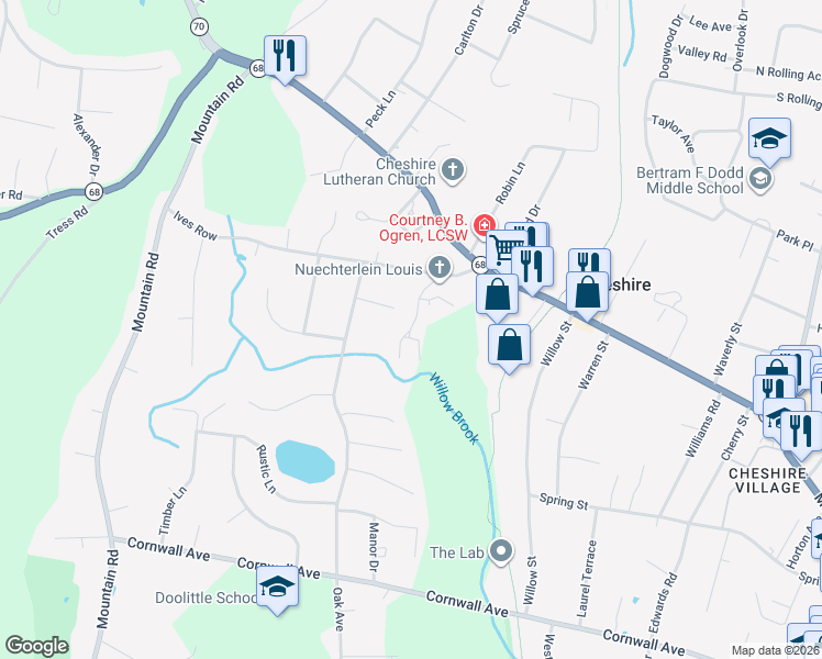 map of restaurants, bars, coffee shops, grocery stores, and more near 51 Ives Hill Court in Cheshire
