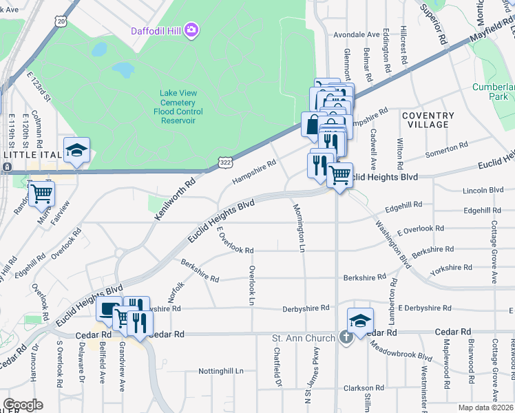 map of restaurants, bars, coffee shops, grocery stores, and more near 2656 Euclid Heights Boulevard in Cleveland