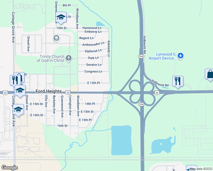 map of restaurants, bars, coffee shops, grocery stores, and more near 1524 East 13th Place in Ford Heights