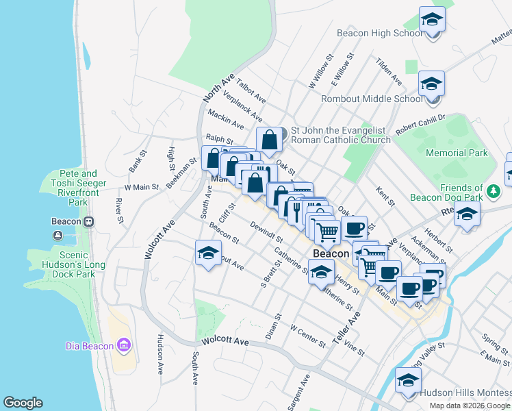 map of restaurants, bars, coffee shops, grocery stores, and more near 1-9 South Elm Street in Beacon