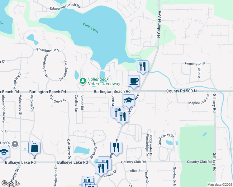 map of restaurants, bars, coffee shops, grocery stores, and more near 4104-4298 John Street in Valparaiso
