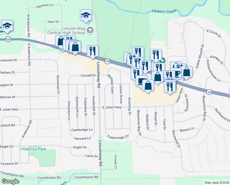 map of restaurants, bars, coffee shops, grocery stores, and more near 661 Bishops Gate in New Lenox