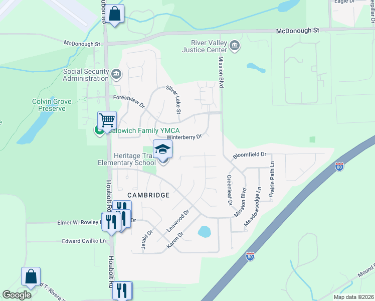 map of restaurants, bars, coffee shops, grocery stores, and more near 3366 Windsor Lane in Joliet