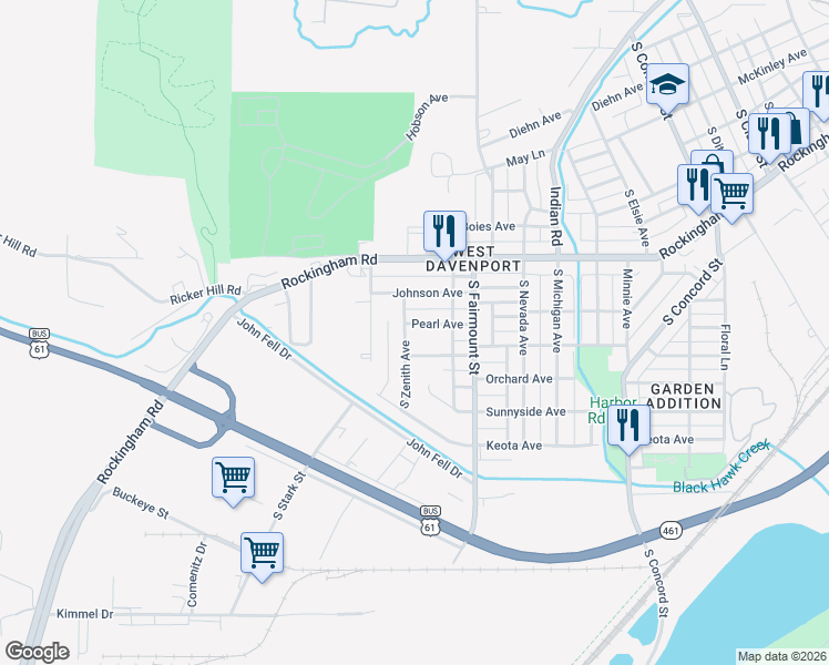 map of restaurants, bars, coffee shops, grocery stores, and more near 1116 S Zenith Ave in Davenport