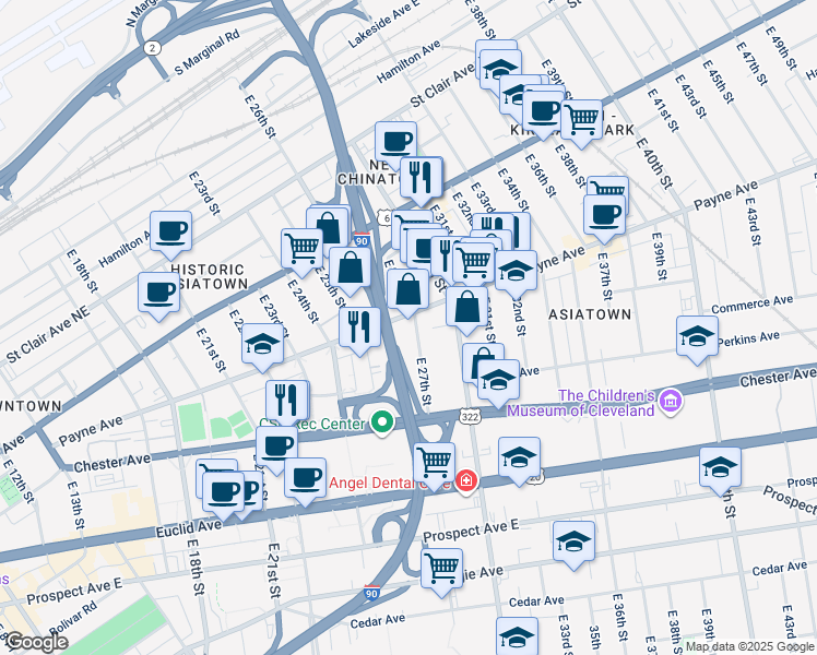 map of restaurants, bars, coffee shops, grocery stores, and more near Innerbelt Freeway in Cleveland
