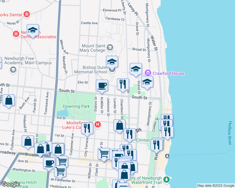 map of restaurants, bars, coffee shops, grocery stores, and more near 168 Chambers Street in Newburgh