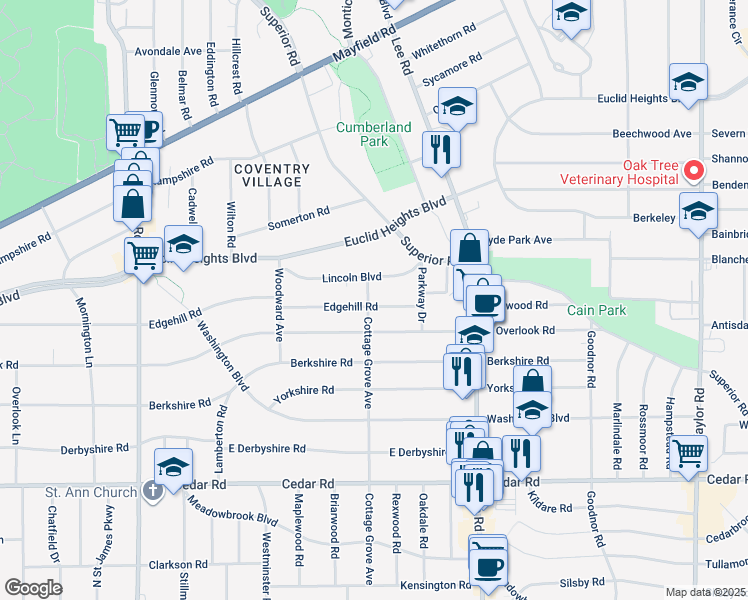 map of restaurants, bars, coffee shops, grocery stores, and more near 3076 Edgehill Road in Cleveland Heights
