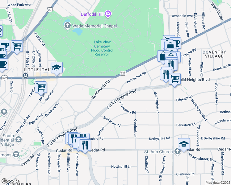 map of restaurants, bars, coffee shops, grocery stores, and more near 2577 Euclid Heights Boulevard in Cleveland
