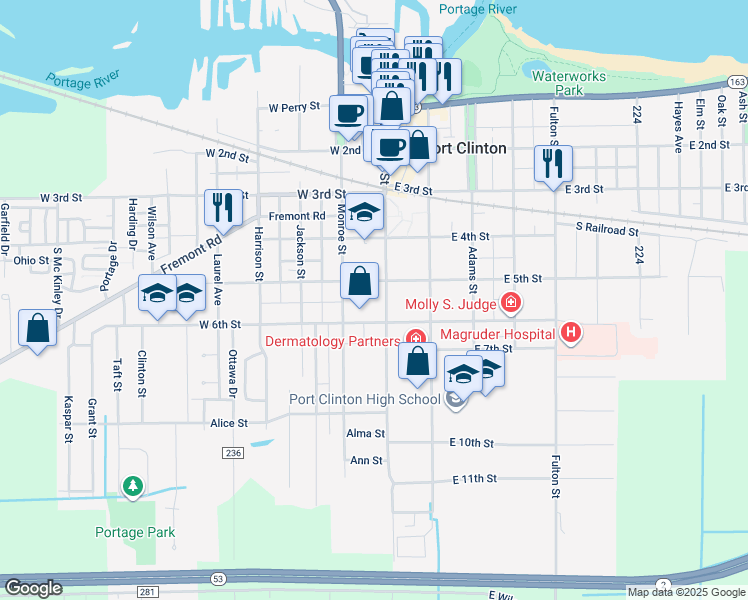 map of restaurants, bars, coffee shops, grocery stores, and more near 529 Madison St in Port Clinton