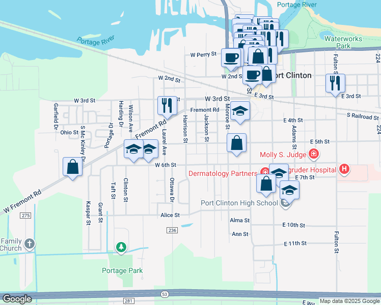 map of restaurants, bars, coffee shops, grocery stores, and more near 318 West 6th Street in Port Clinton