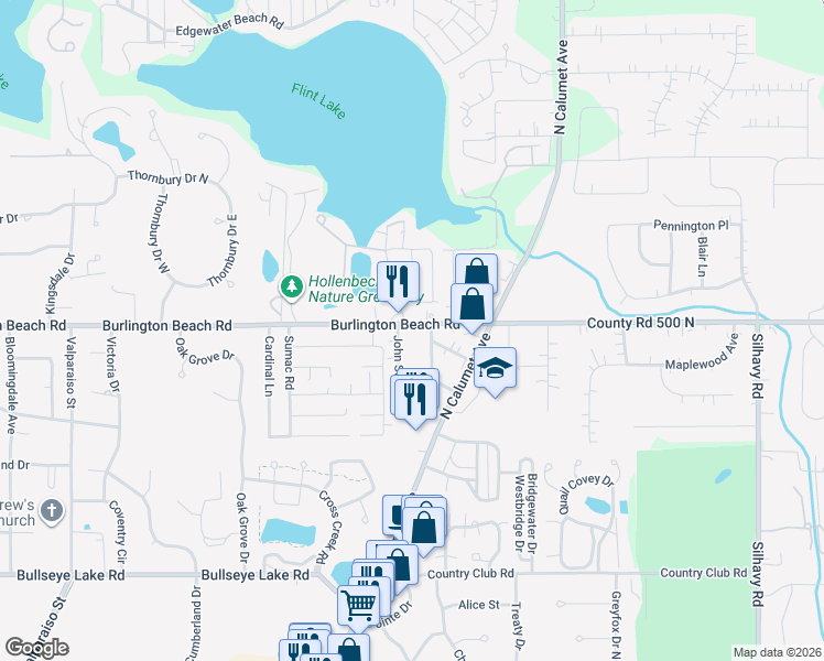 map of restaurants, bars, coffee shops, grocery stores, and more near 4104-4298 John Street in Valparaiso