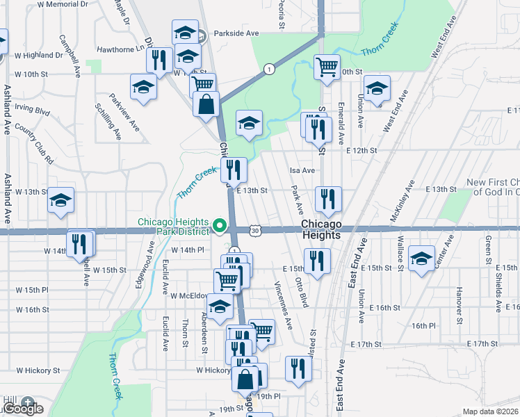 map of restaurants, bars, coffee shops, grocery stores, and more near 1343 Vincennes Avenue in Chicago Heights