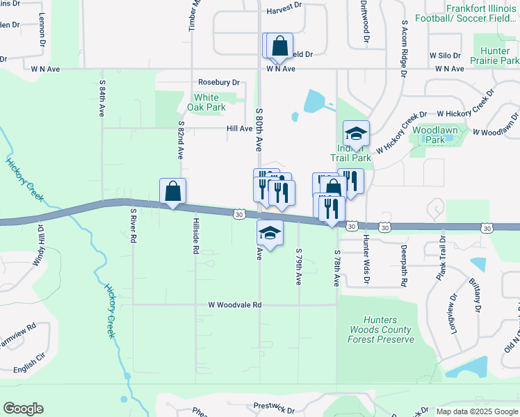 map of restaurants, bars, coffee shops, grocery stores, and more near 21100 South 80th Avenue in Frankfort