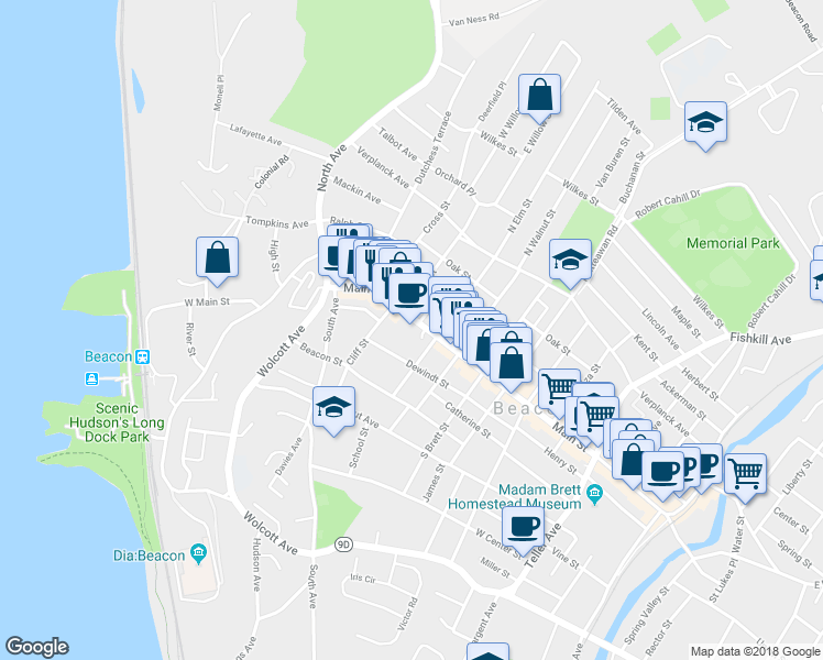 map of restaurants, bars, coffee shops, grocery stores, and more near 217 Main Street in Beacon
