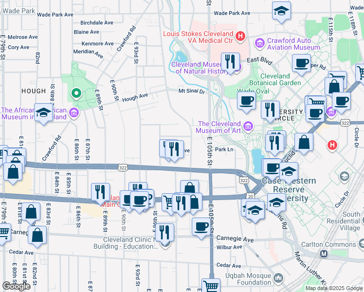 map of restaurants, bars, coffee shops, grocery stores, and more near 1862 East 101st Street in Cleveland