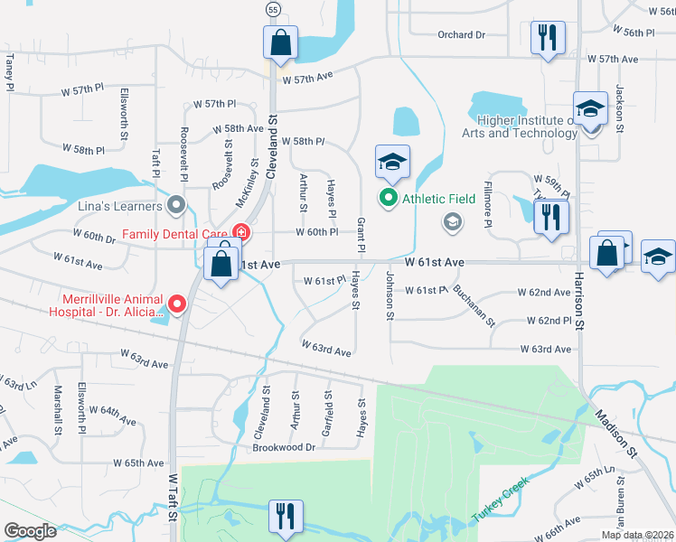 map of restaurants, bars, coffee shops, grocery stores, and more near 1685 W 61st Pl in Merrillville