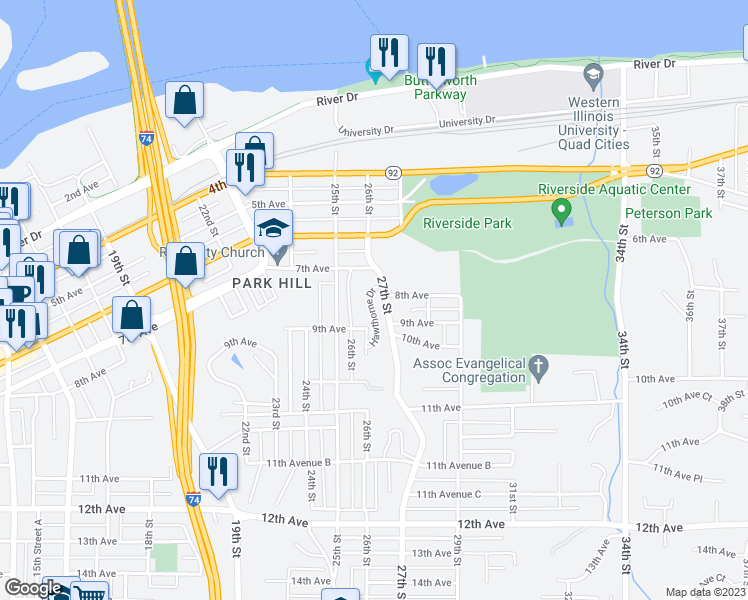 map of restaurants, bars, coffee shops, grocery stores, and more near 809 27th Street in Moline