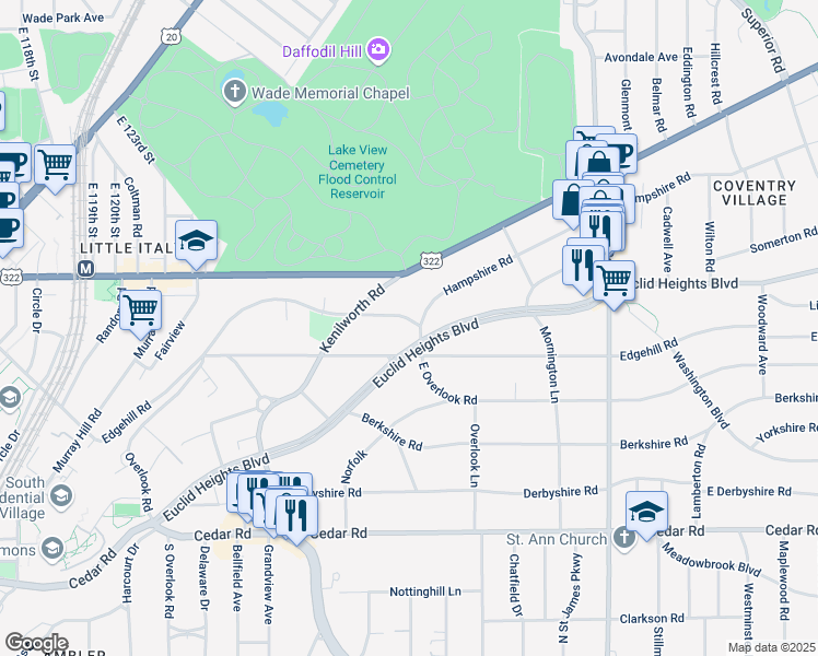map of restaurants, bars, coffee shops, grocery stores, and more near 2577 Euclid Heights Boulevard in Cleveland