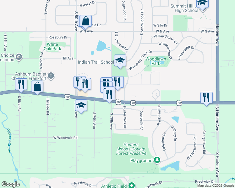 map of restaurants, bars, coffee shops, grocery stores, and more near 7777 West Lincoln Highway in Frankfort
