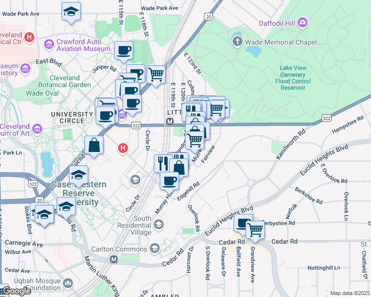 map of restaurants, bars, coffee shops, grocery stores, and more near 12004 Paul Avenue in Cleveland