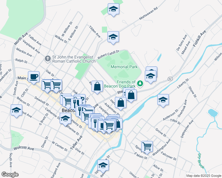 map of restaurants, bars, coffee shops, grocery stores, and more near 12 Maple Street in Beacon