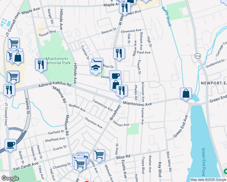 map of restaurants, bars, coffee shops, grocery stores, and more near 9 Admiral Kalbfus Road in Newport