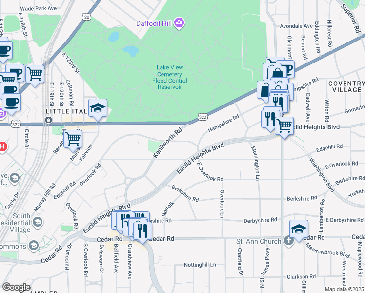 map of restaurants, bars, coffee shops, grocery stores, and more near 2556 Overlook Road in Cleveland Heights