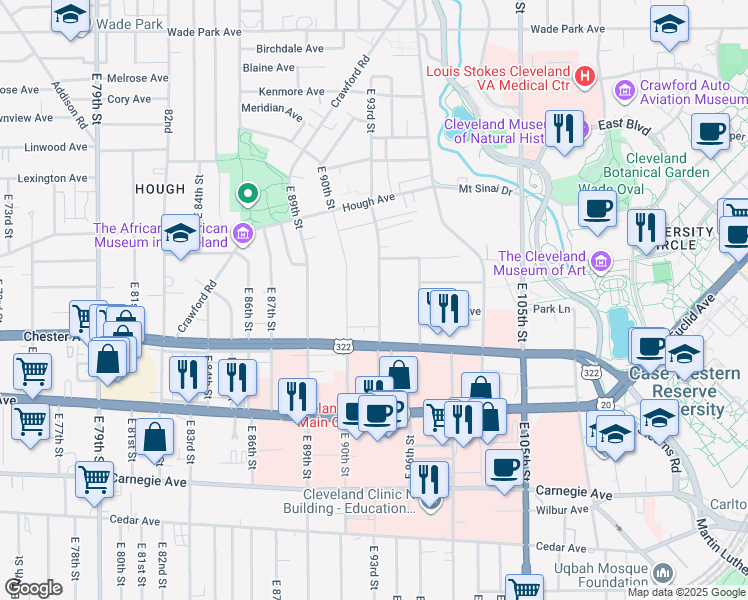 map of restaurants, bars, coffee shops, grocery stores, and more near 9601 Chester Avenue in Cleveland