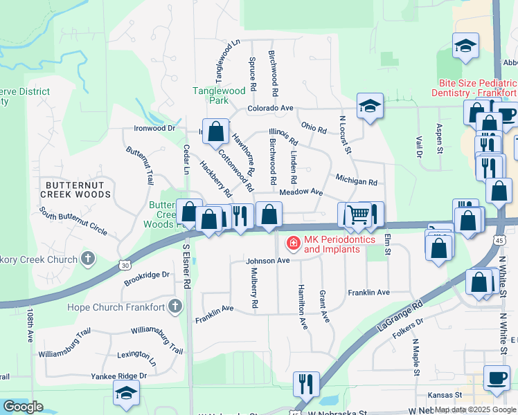 map of restaurants, bars, coffee shops, grocery stores, and more near 425 Cottonwood Road in Frankfort