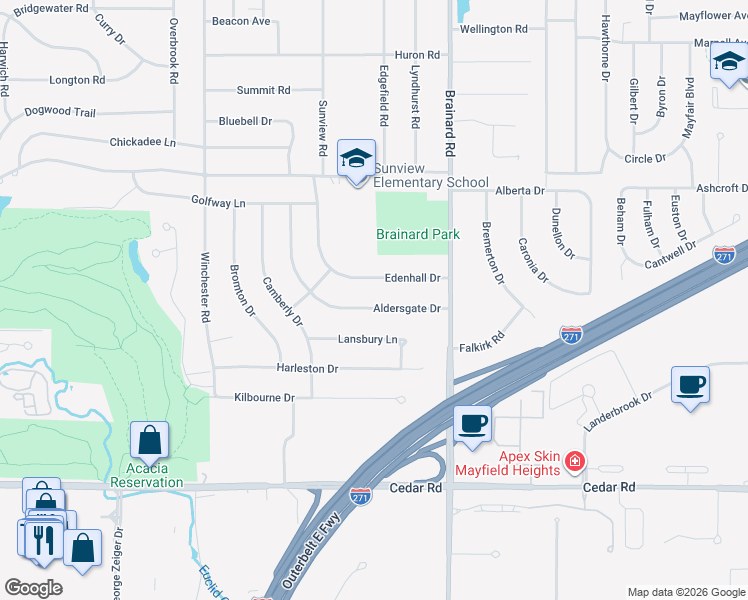 map of restaurants, bars, coffee shops, grocery stores, and more near 2018 Aldersgate Drive in Lyndhurst