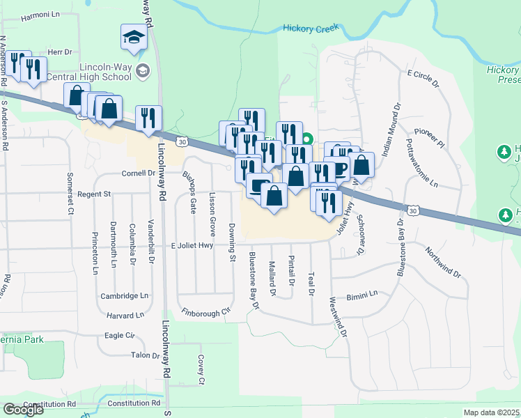 map of restaurants, bars, coffee shops, grocery stores, and more near 2370 East Lincoln Highway in New Lenox