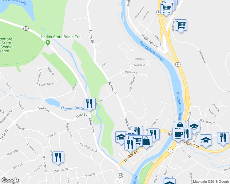 map of restaurants, bars, coffee shops, grocery stores, and more near 99 Porter Avenue in Naugatuck