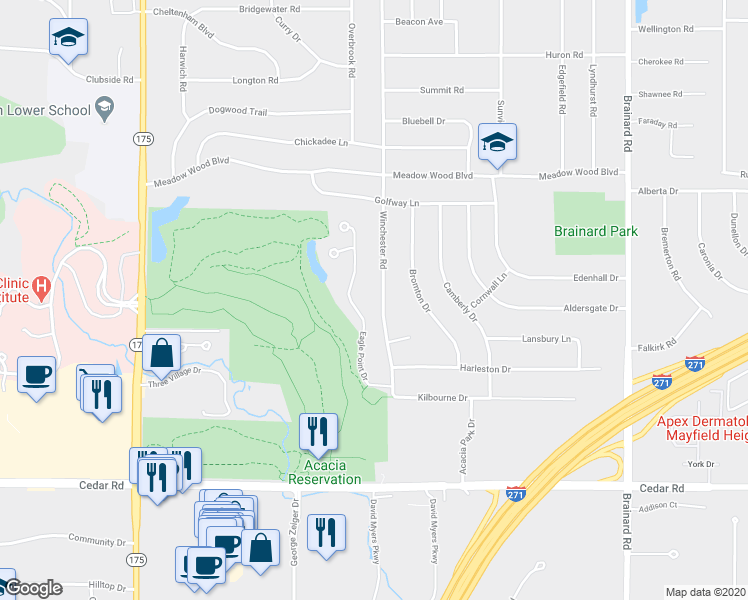 map of restaurants, bars, coffee shops, grocery stores, and more near 1938 Winchester Road in Cleveland