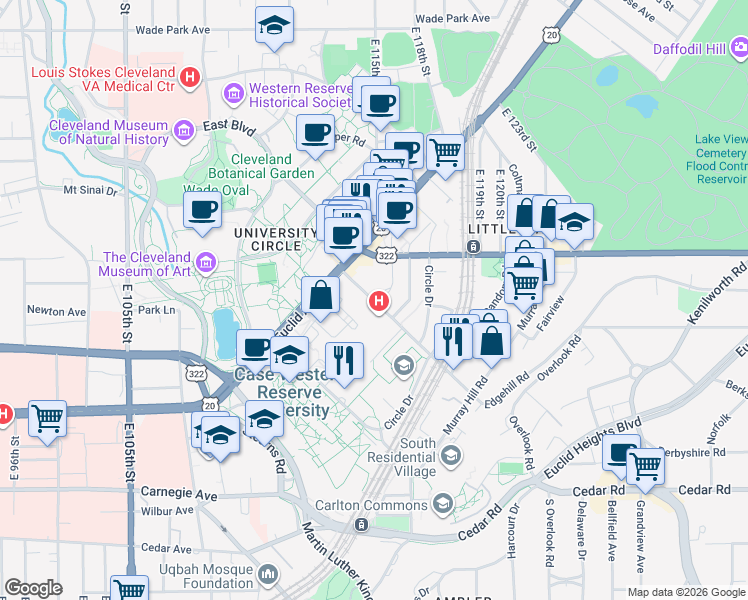 map of restaurants, bars, coffee shops, grocery stores, and more near 2084 Cornell Road in Cleveland