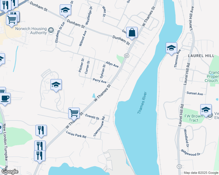 map of restaurants, bars, coffee shops, grocery stores, and more near 400 West Thames Street in Norwich