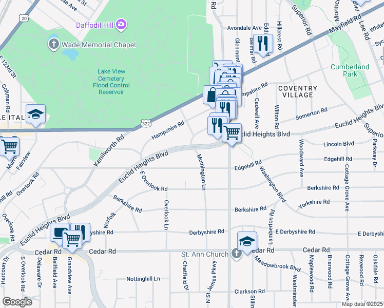 map of restaurants, bars, coffee shops, grocery stores, and more near 2697 Edgehill Road in Cleveland Heights