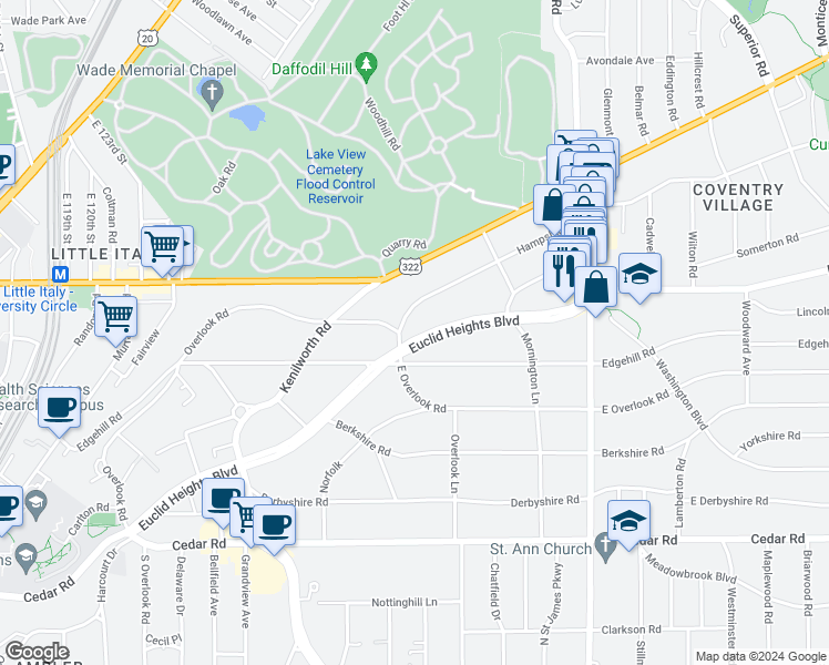 map of restaurants, bars, coffee shops, grocery stores, and more near 2611 Edgehill Road in Cleveland Heights
