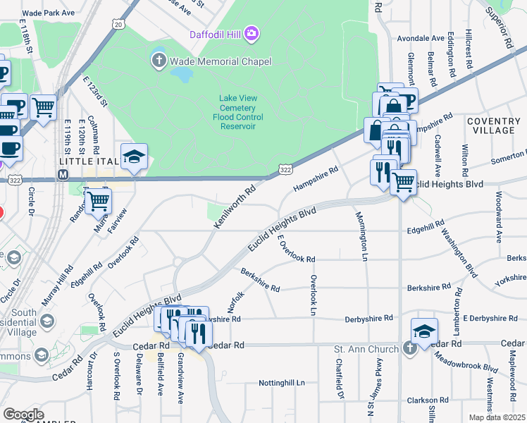 map of restaurants, bars, coffee shops, grocery stores, and more near 2577 Euclid Heights Boulevard in Cleveland
