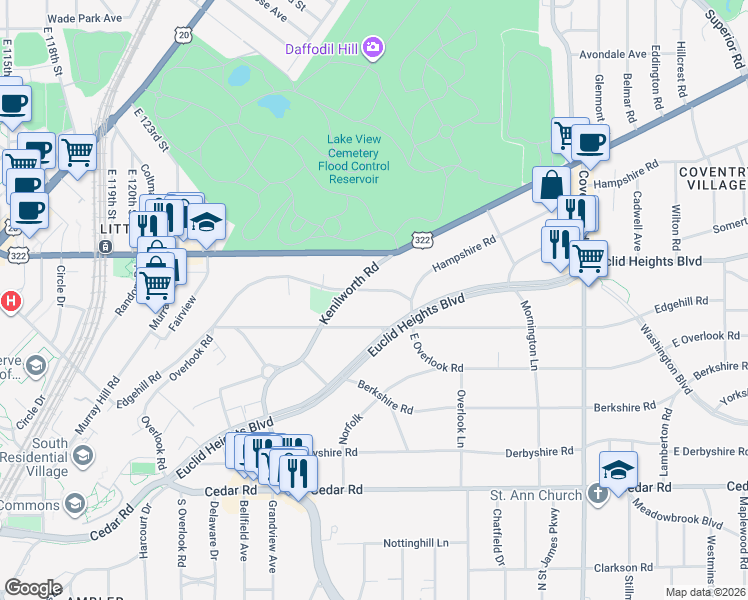 map of restaurants, bars, coffee shops, grocery stores, and more near 2541 Edgehill Road in Cleveland Heights
