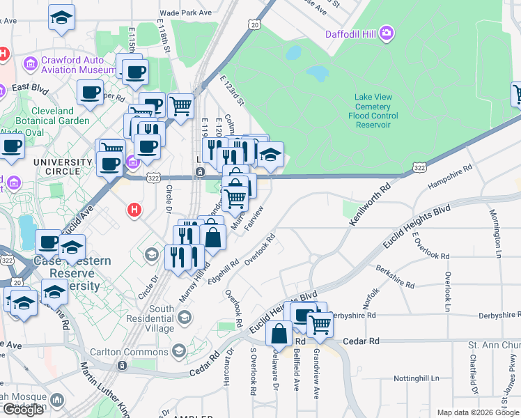 map of restaurants, bars, coffee shops, grocery stores, and more near 2081 Fairview in Cleveland