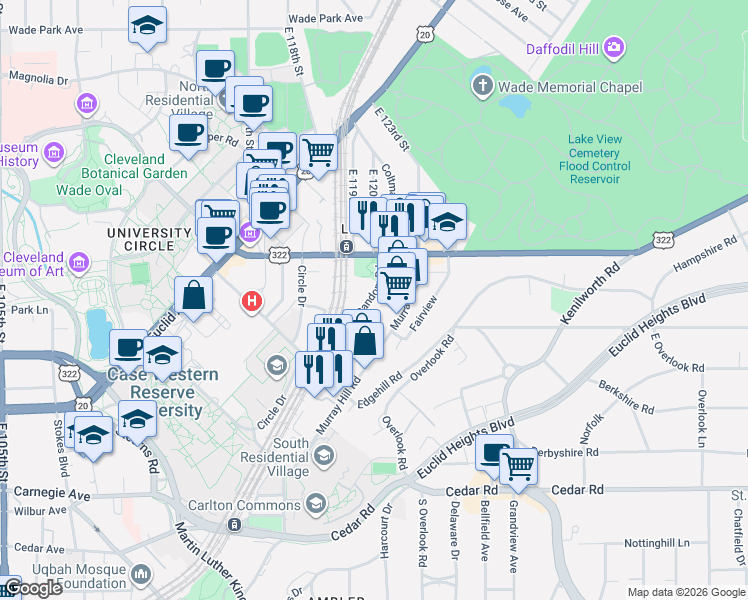 map of restaurants, bars, coffee shops, grocery stores, and more near 2085 Random Road in Cleveland
