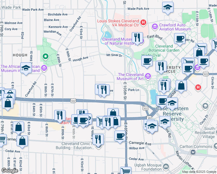 map of restaurants, bars, coffee shops, grocery stores, and more near 9908 Newton Avenue in Cleveland