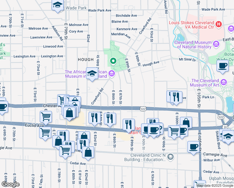 map of restaurants, bars, coffee shops, grocery stores, and more near 1857 East 86th Street in Cleveland