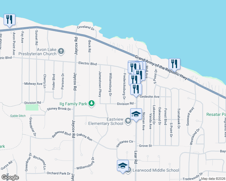 map of restaurants, bars, coffee shops, grocery stores, and more near 187 Williamsburg Drive in Avon Lake