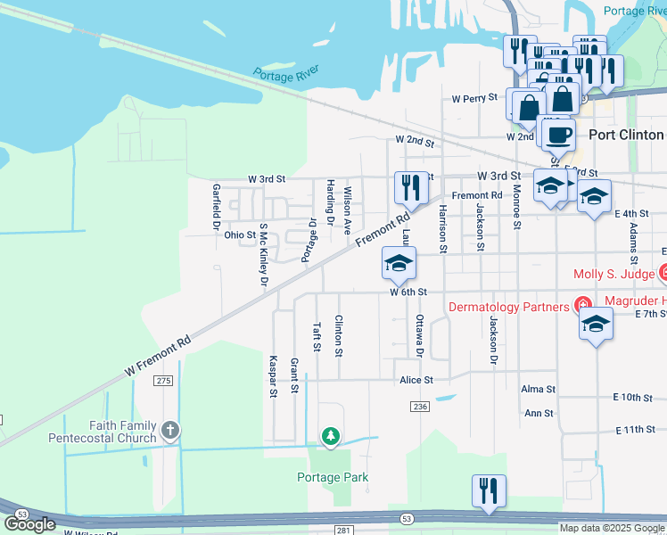 map of restaurants, bars, coffee shops, grocery stores, and more near 630 West 6th Street in Port Clinton