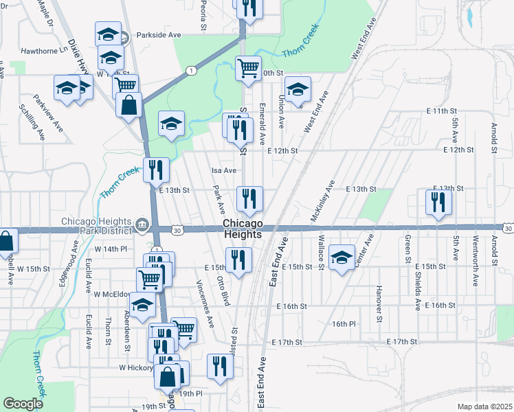 map of restaurants, bars, coffee shops, grocery stores, and more near 107 East Lincoln Highway in Chicago Heights