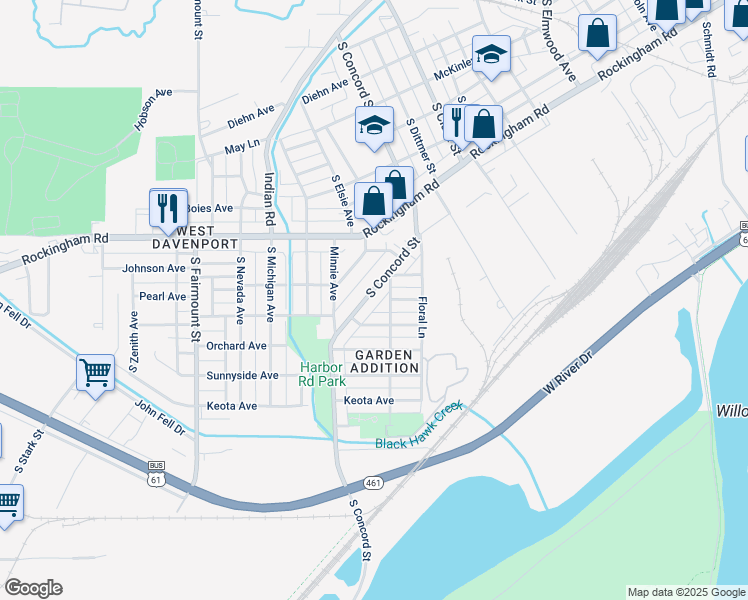map of restaurants, bars, coffee shops, grocery stores, and more near 3216 Homestead Avenue in Davenport
