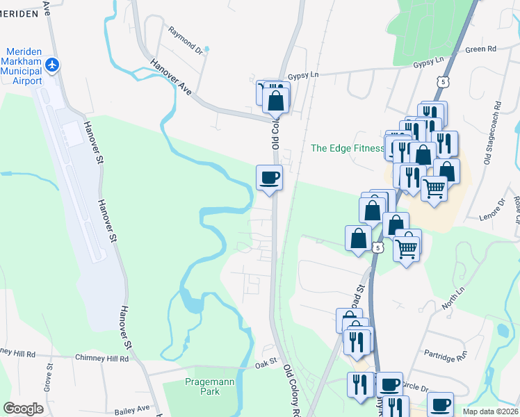 map of restaurants, bars, coffee shops, grocery stores, and more near 1245 Old Colony Road in Wallingford