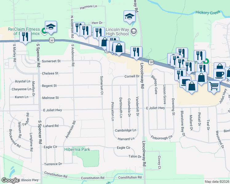 map of restaurants, bars, coffee shops, grocery stores, and more near 651 Princeton Lane in New Lenox